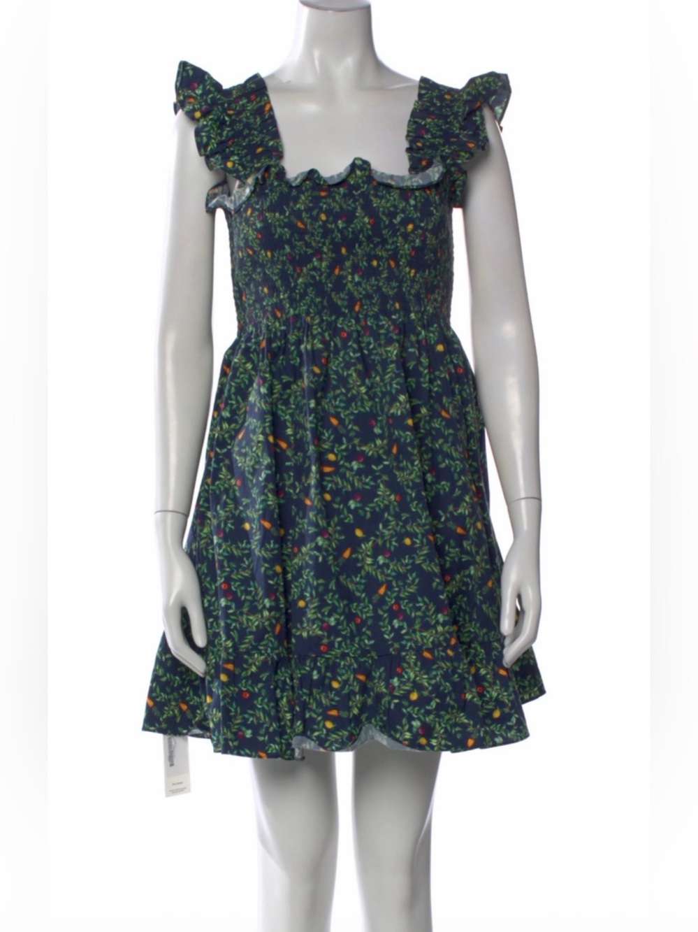 HILL HOUSE Size S • Midnight Garden Ruffle Tiered Fruit Mini Dress.